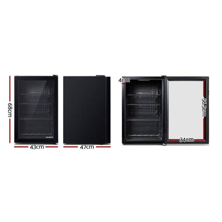 devanti 70l bar fridge glass door w/light black devanti 70l bar fridge glass door w/light black