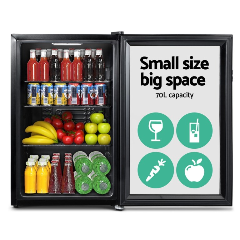 devanti 70l bar fridge glass door w/light black devanti 70l bar fridge glass door w/light black