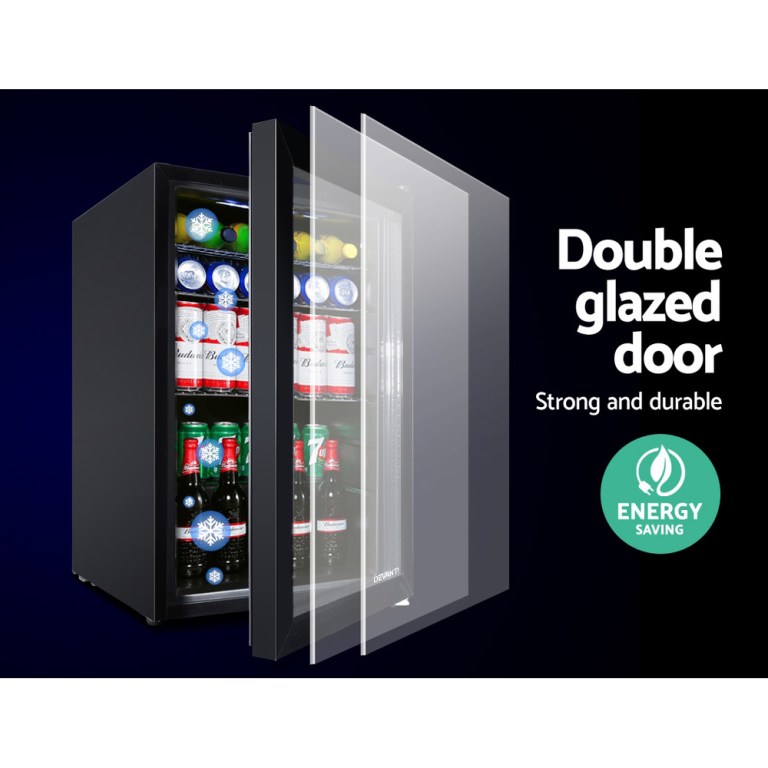 devanti 70l bar fridge glass door w/light black devanti 70l bar fridge glass door w/light black