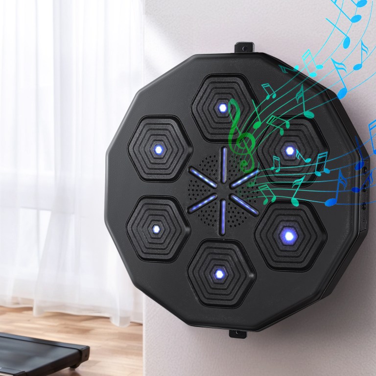 everfit music boxing machine bluetooth target punching usb chargeable home gym Electronic wall drum with glowing pads and music notes.