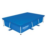 Rectangular blue above-ground pool with cover.