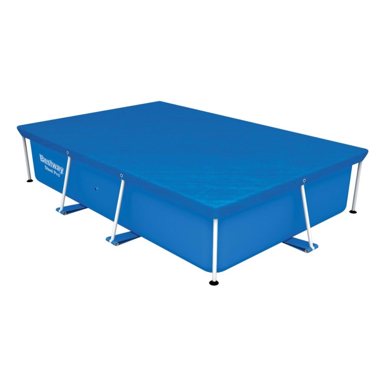 Rectangular above-ground pool with blue cover
