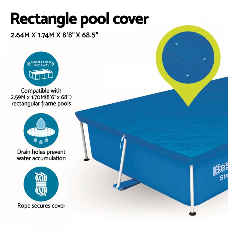 Blue rectangle pool cover with drain holes.