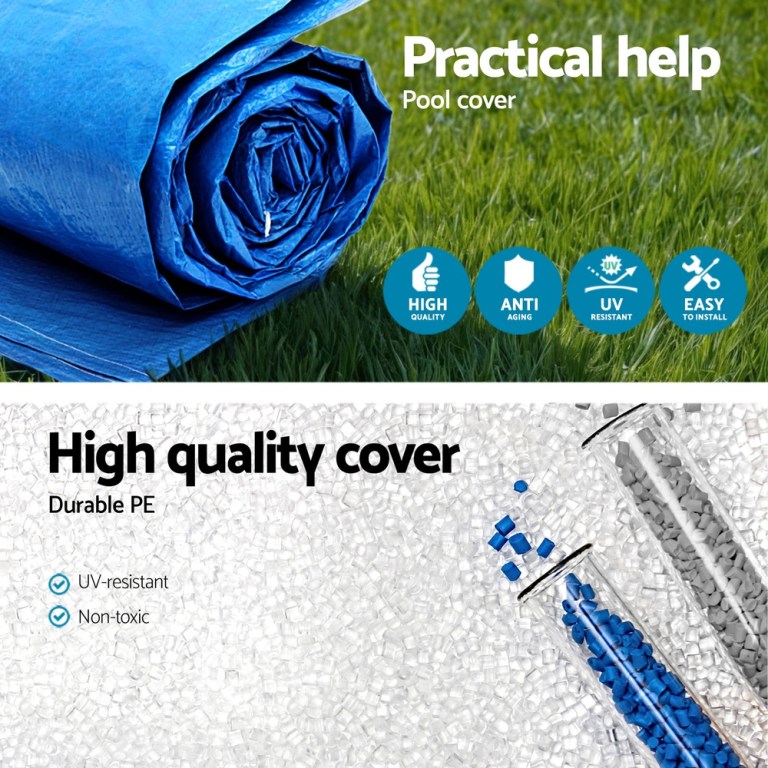 Durable, UV-resistant blue pool cover on grass.