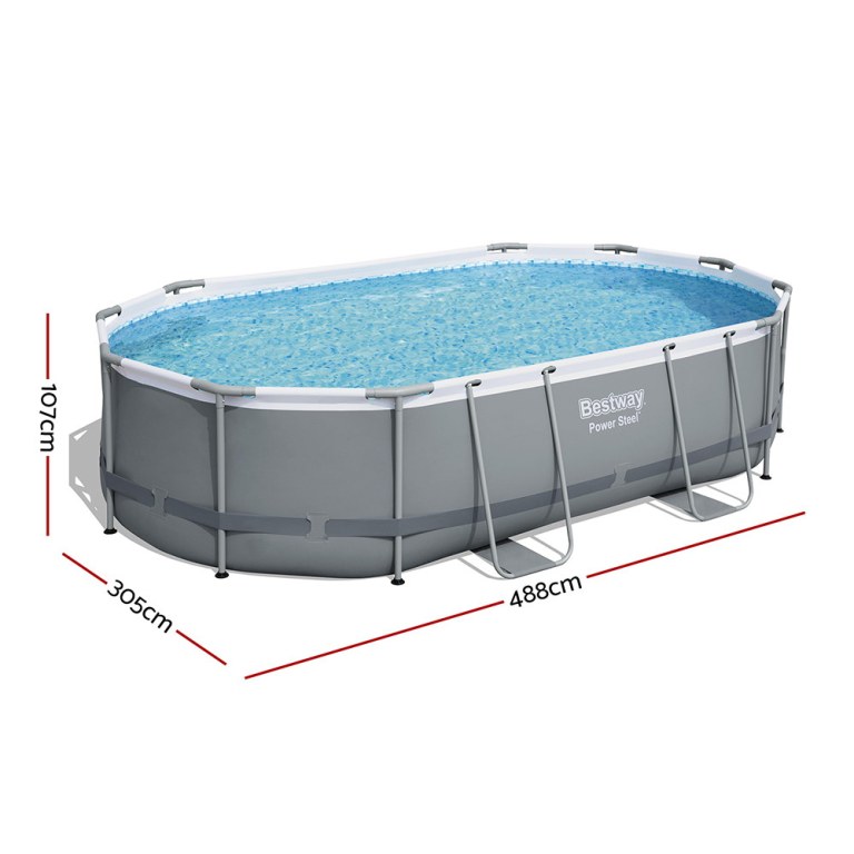 bestway 488x305x107cm swimming pool steel frame set w/ pump filter ladder cover Oval above-ground pool with frame, dimensions shown.