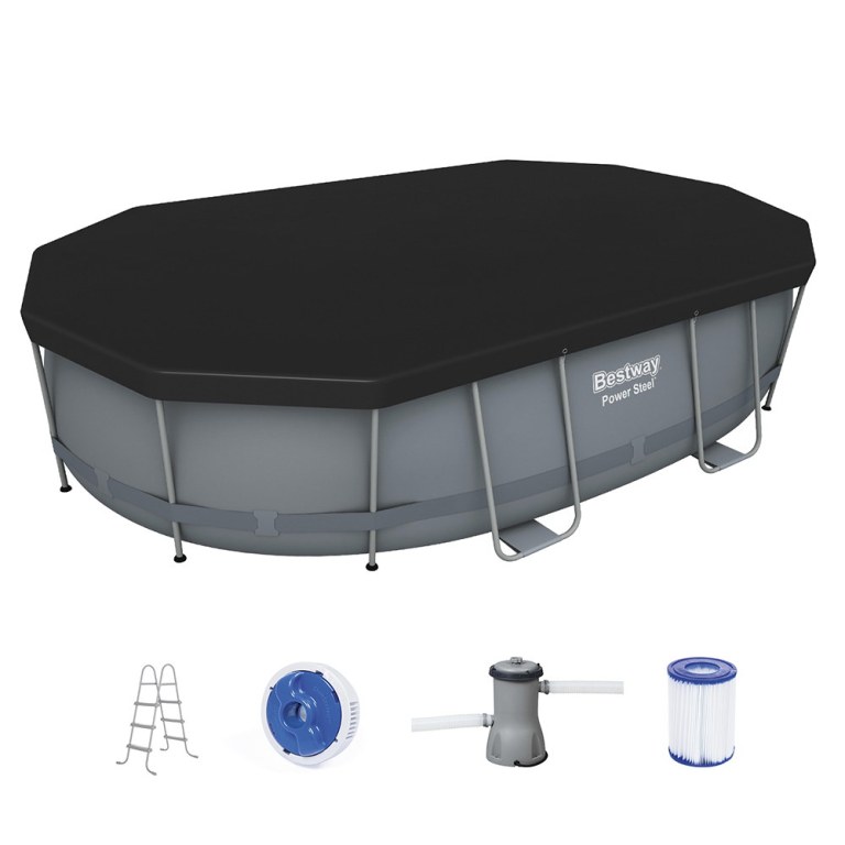 bestway 488x305x107cm swimming pool steel frame set w/ pump filter ladder cover Bestway oval pool set with accessories.