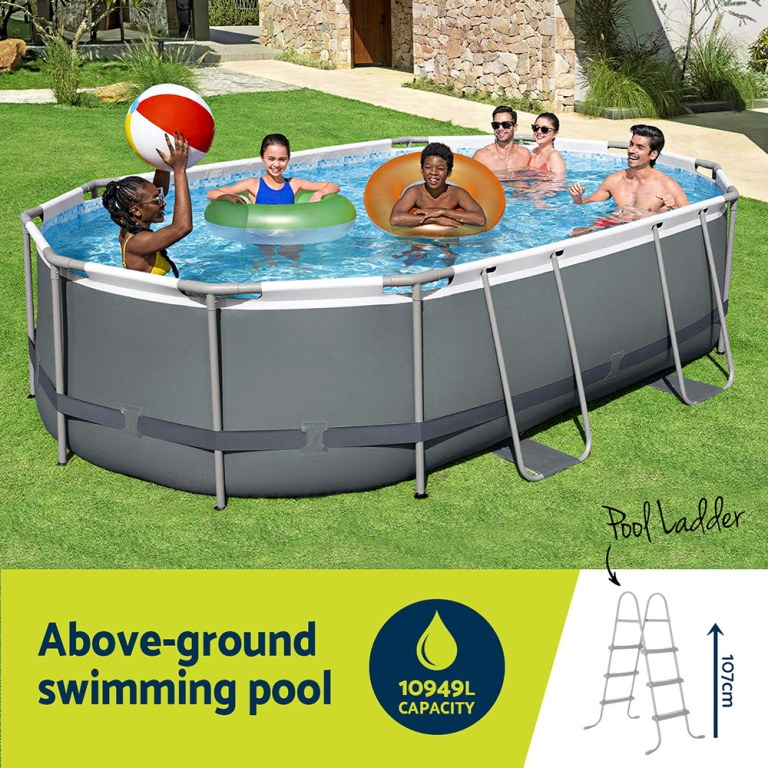 bestway 488x305x107cm swimming pool steel frame set w/ pump filter ladder cover People enjoying in an above-ground pool with beach ball.