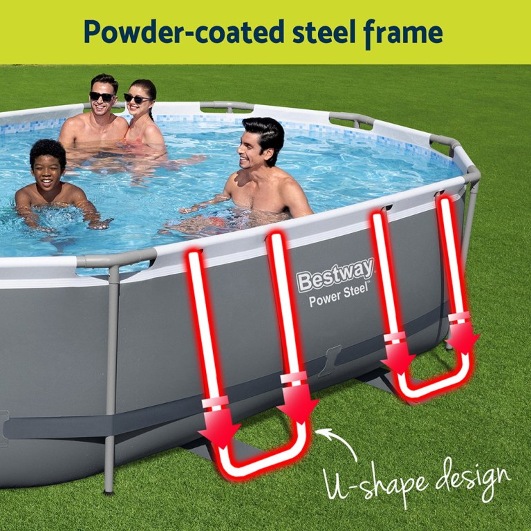 bestway 488x305x107cm swimming pool steel frame set w/ pump filter ladder cover Family enjoying swim in Bestway Power Steel pool.