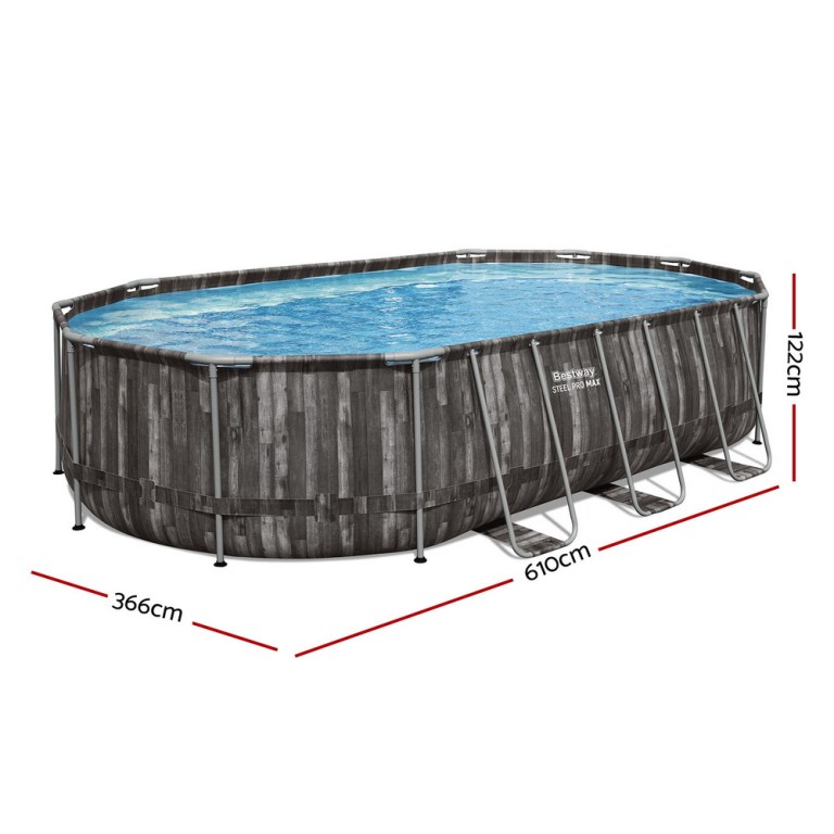 bestway swimming pool steel frame pool set 6.1x3.66m w/ filter pump ladder cover Oval above-ground pool with metal frame dimensions.