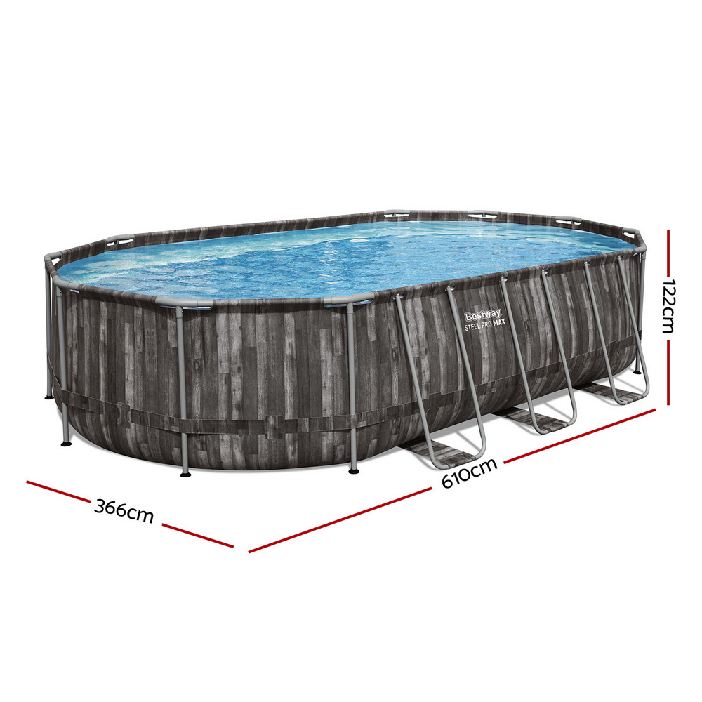 Oval above-ground pool with metal frame dimensions.