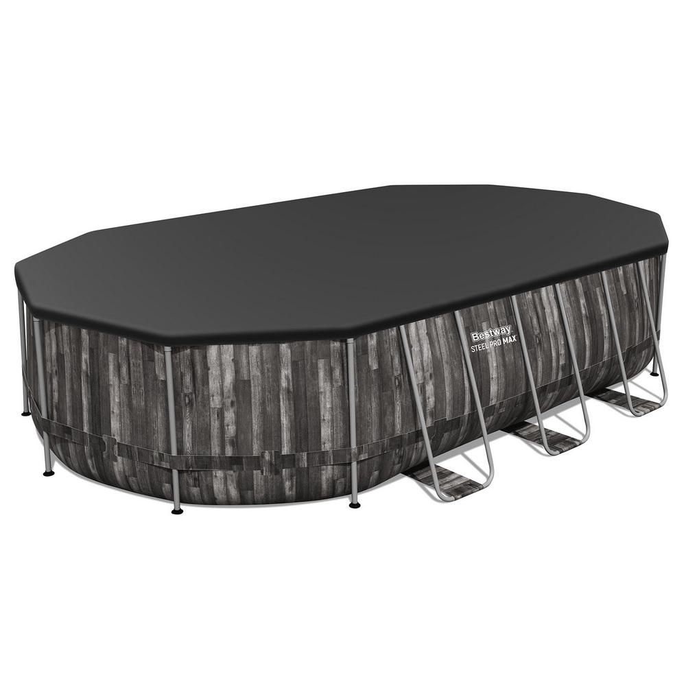 Rectangular above-ground pool with cover and steel frame.