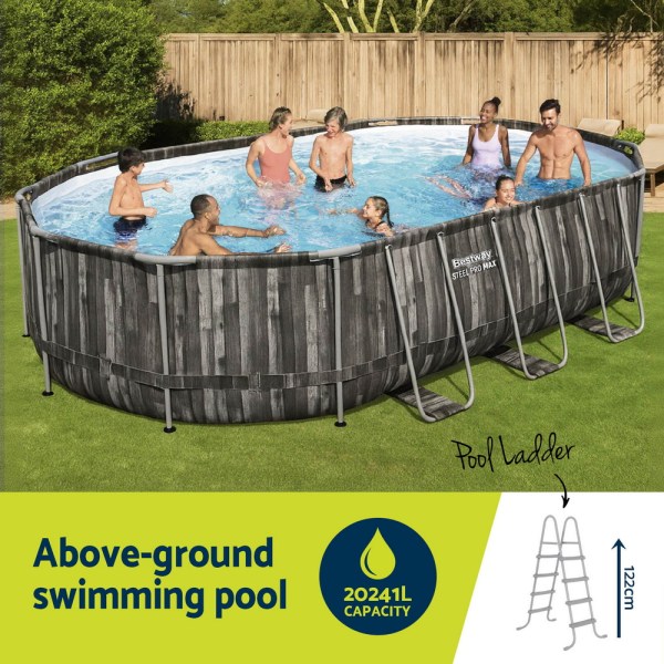bestway swimming pool steel frame pool set 6.1x3.66m w/ filter pump ladder cover People enjoying an above-ground swimming pool, 20241L capacity.