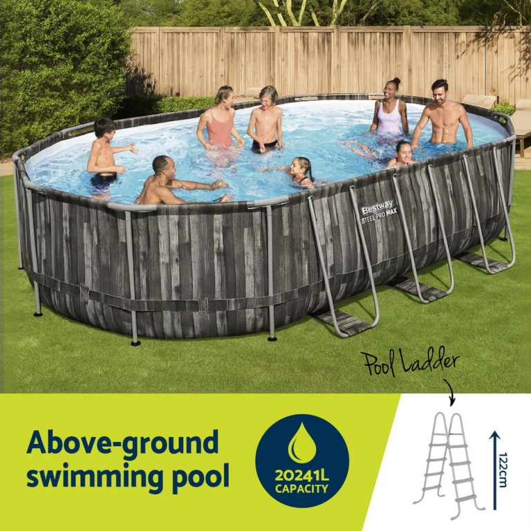 bestway swimming pool steel frame pool set 6.1x3.66m w/ filter pump ladder cover People enjoying an above-ground swimming pool, 20241L capacity.