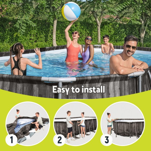 bestway swimming pool steel frame pool set 6.1x3.66m w/ filter pump ladder cover Family enjoying easy-to-install above-ground pool.