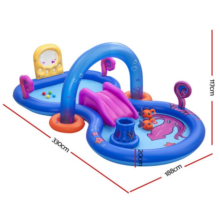 bestway kids inflatable play splash pool with slide ball tossing toys coral basket Inflatable children's pool play centre with slide and toys.