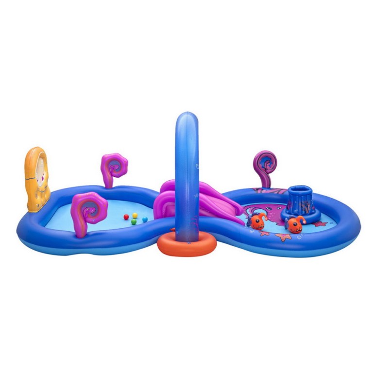 bestway kids inflatable play splash pool with slide ball tossing toys coral basket Inflatable kids' play pool with slides and toys.