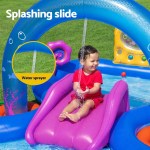 bestway kids inflatable play splash pool with slide ball tossing toys coral basket Child playing on inflatable water slide with sprayer.