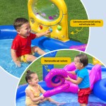 bestway kids inflatable play splash pool with slide ball tossing toys coral basket Kids playing in inflatable water pool with toys.