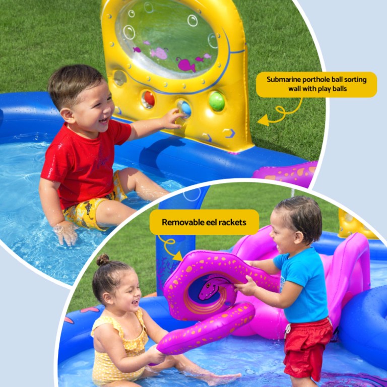 bestway kids inflatable play splash pool with slide ball tossing toys coral basket Kids playing in inflatable water pool with toys.