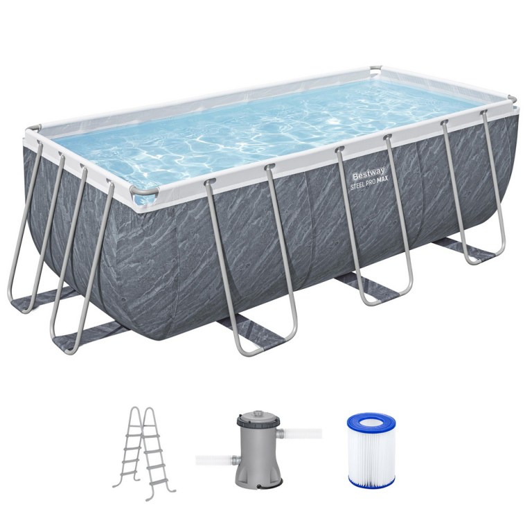 bestway swimming pool 412x201x122cm steel frame pool set w/pump ladder Rectangular steel frame pool set with accessories.