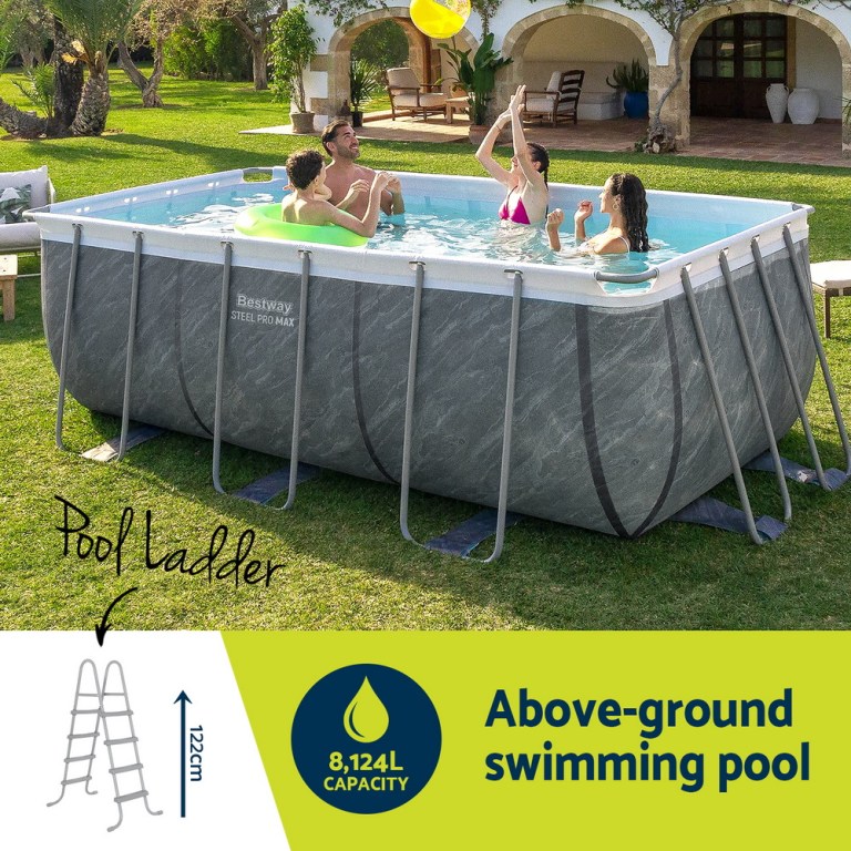 bestway swimming pool 412x201x122cm steel frame pool set w/pump ladder Above-ground pool with people playing inside.