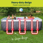 bestway swimming pool 412x201x122cm steel frame pool set w/pump ladder Family enjoying rectangular pool with U-shape design.