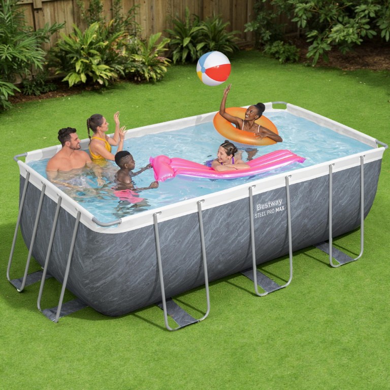 bestway swimming pool 412x201x122cm steel frame pool set w/pump ladder Family enjoying inflatable backyard pool on sunny day.