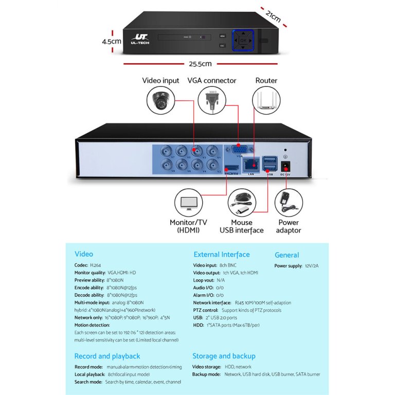 UL-Tech video recorder with connectors and interface details.