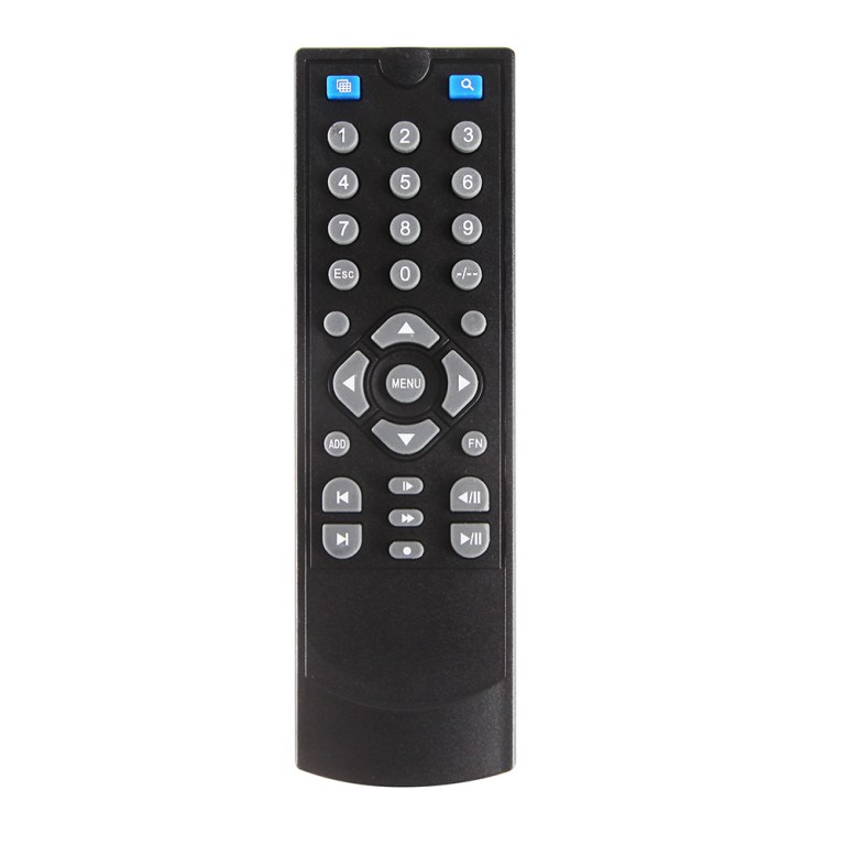 Black universal remote control with numerous buttons.