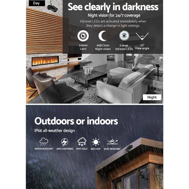 Security camera with night vision and weather resistance features.