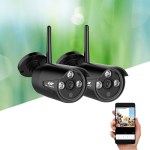 Two wireless security cameras with mobile phone display.