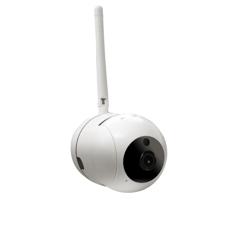 Wireless white security camera with antenna.
