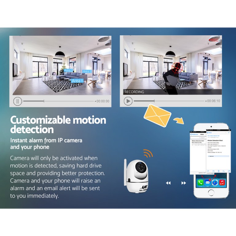 Customisable motion detection with IP camera alerts.