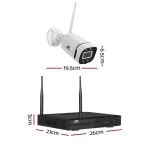 Wireless security camera with receiver dimensions displayed.