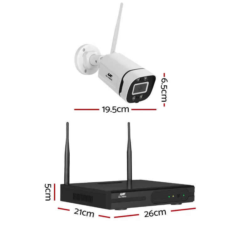 Wireless security camera with receiver dimensions displayed.