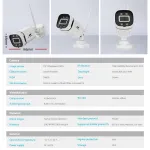Outdoor security camera with specifications and measurements shown.