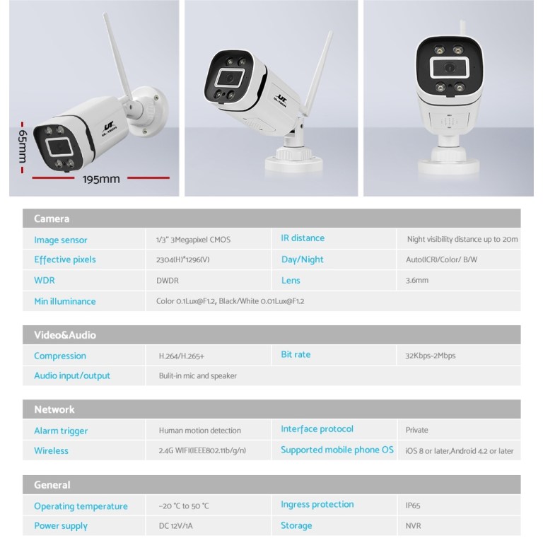 Outdoor security camera with specifications and measurements shown.