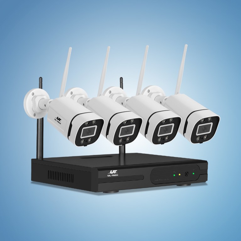 Wireless security camera system with four cameras.