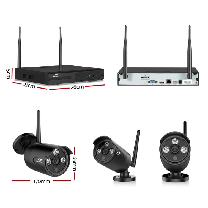 ul tech wireless cctv security system 8ch nvr 3mp 6 bullet cameras Wireless camera system dimensions, front and side views.