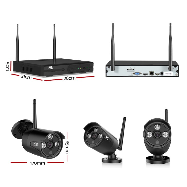 ul tech wireless cctv security system 8ch nvr 3mp 6 bullet cameras Wireless camera system dimensions, front and side views.