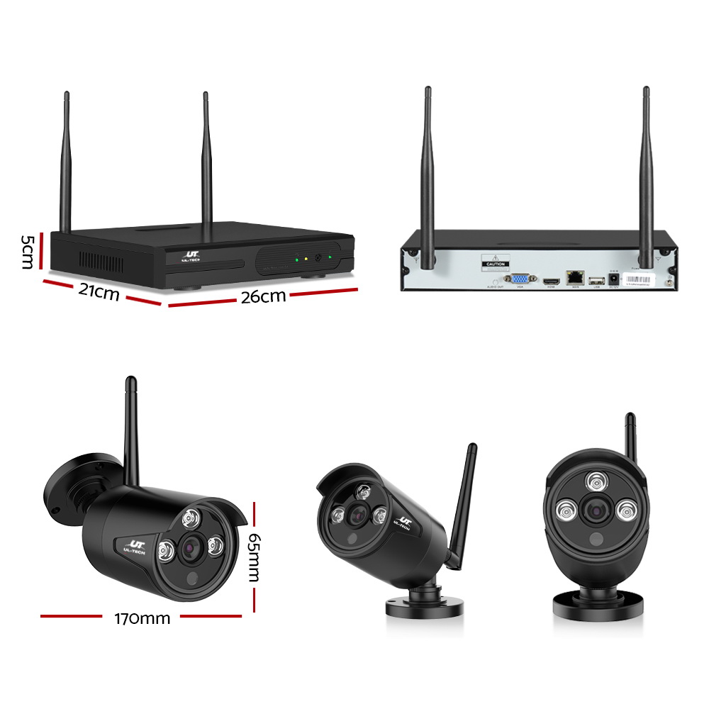Wireless camera system dimensions, front and side views.