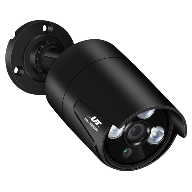 ul tech wireless cctv security system 8ch nvr 3mp 6 bullet cameras Black outdoor security camera with infrared lights.