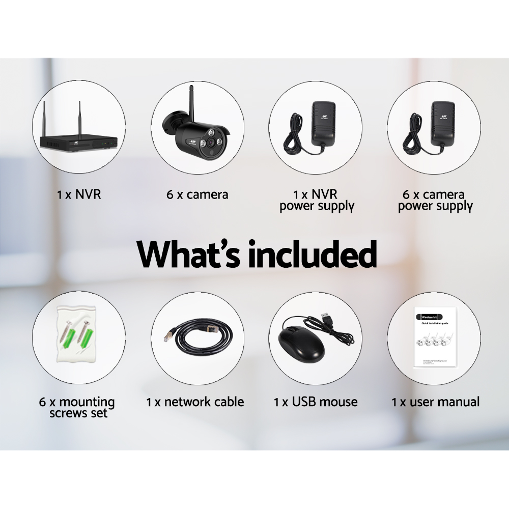 Security camera package contents displayed.