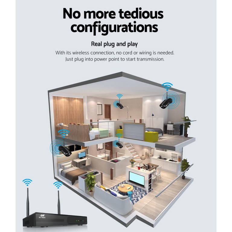 ul tech wireless cctv security system 8ch nvr 3mp 6 bullet cameras Wireless CCTV easy installation in home diagram.