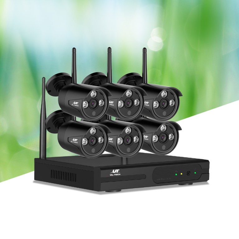 ul tech wireless cctv security system 8ch nvr 3mp 6 bullet cameras Wireless security camera system with five cameras.