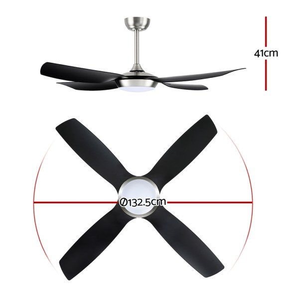 devanti 52'' ceiling fan dc motor w/light w/remote black Ceiling fan with four black blades, 132.5cm diameter.