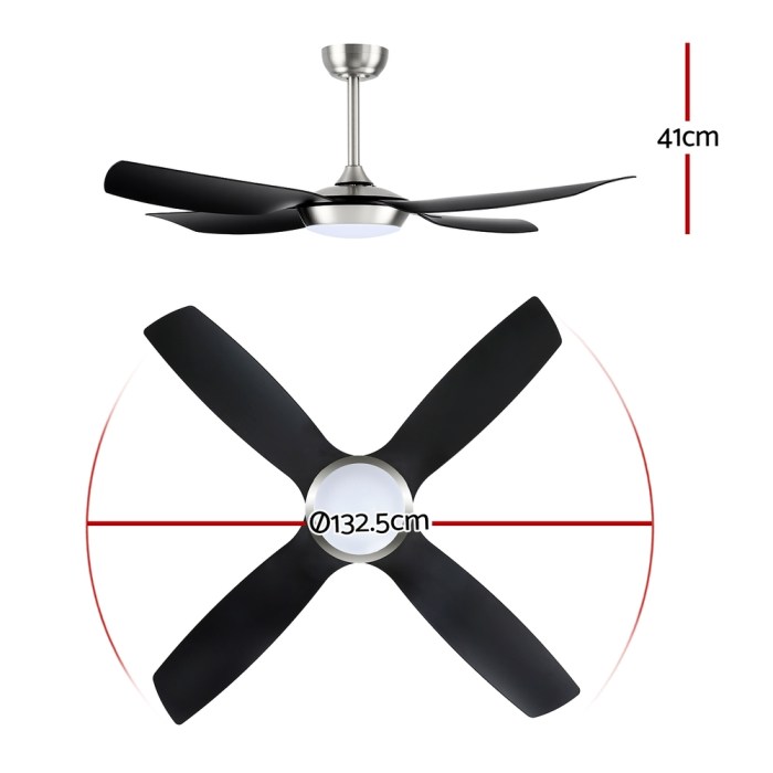 devanti 52'' ceiling fan dc motor w/light w/remote black Ceiling fan with four black blades, 132.5cm diameter.