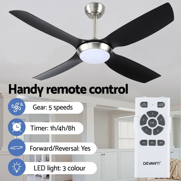 devanti 52'' ceiling fan dc motor w/light w/remote black Ceiling fan with remote, LED light, multiple speeds.