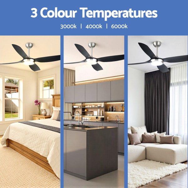 devanti 52'' ceiling fan dc motor w/light w/remote black Ceiling fans in three colour temperatures: 3000k, 4000k, 6000k.