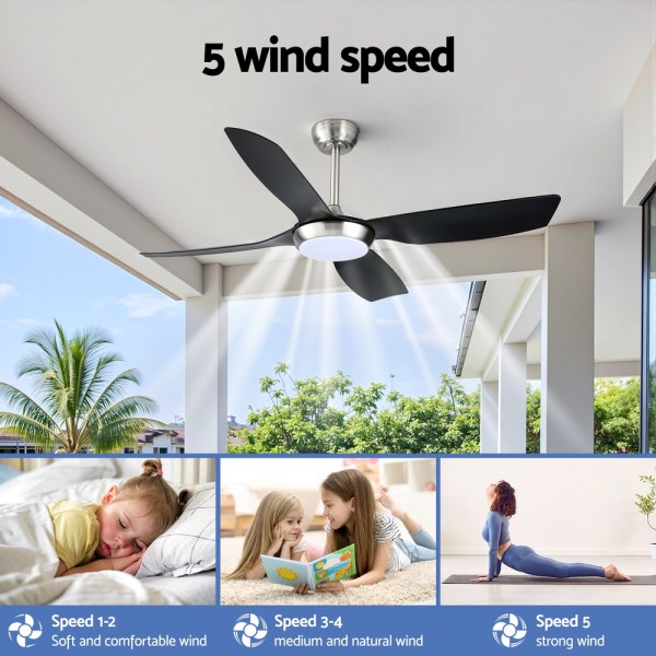 devanti 52'' ceiling fan dc motor w/light w/remote black Ceiling fan with five adjustable wind speeds.